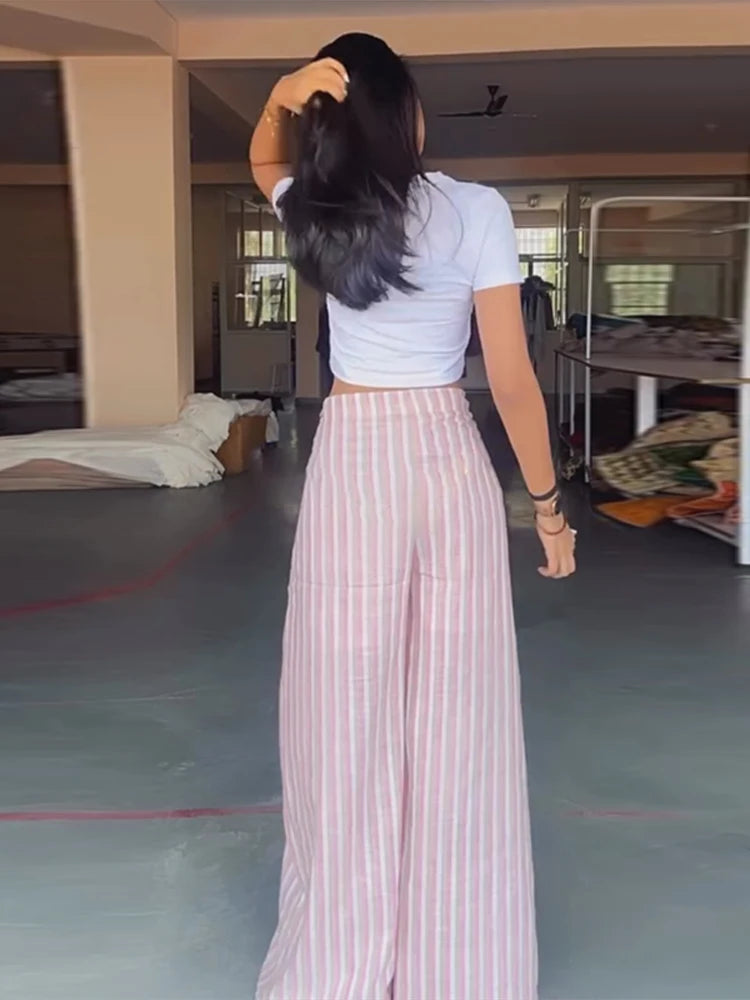 Pantalón Largo de Rayas con Cintura Envolvente