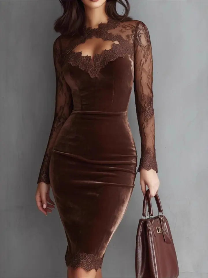 Vestido midi terciopelo encaje marrón - detalle