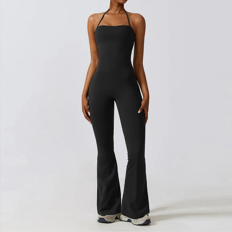 Mono Acampanado Negro con Cuello Halter y Espalda Descubierta